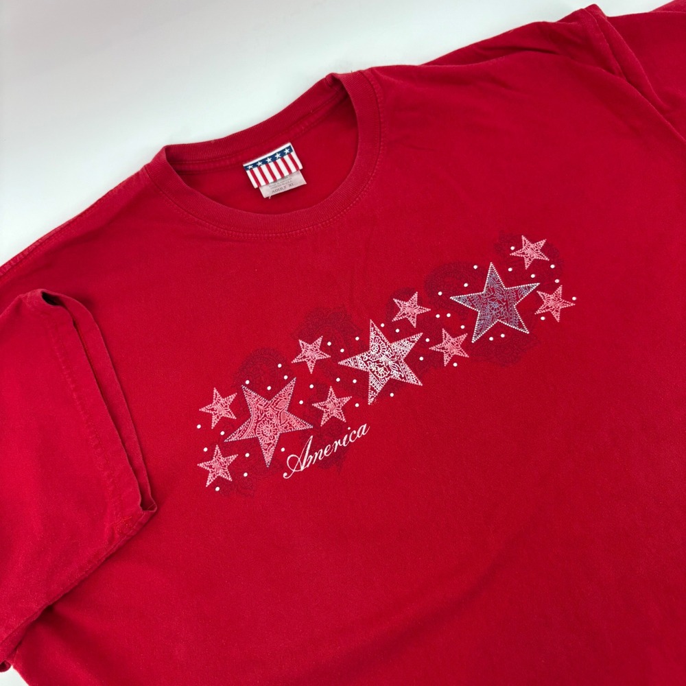 America Stars Red Graphic Patriotic T-Shirt Women XL Short Sleeve Cotton